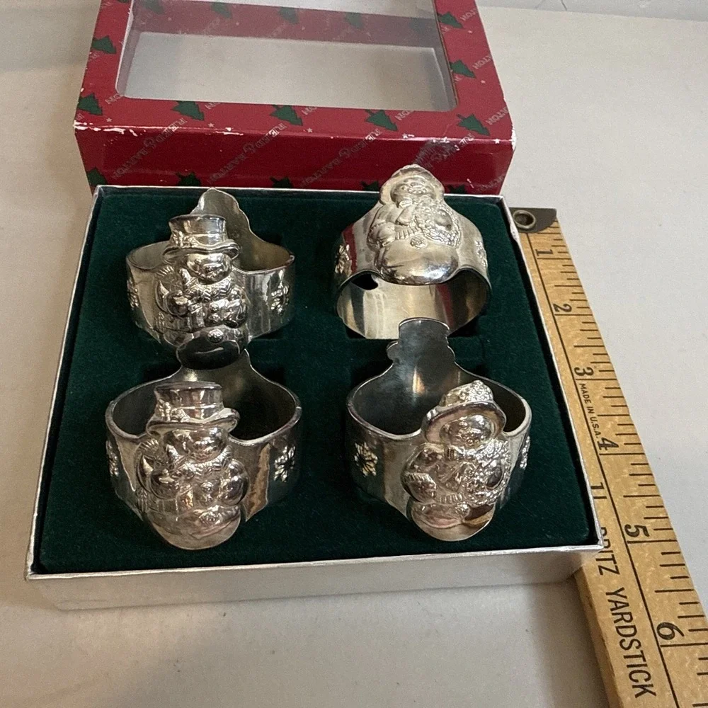 Reed Barton Vintage Italian Silver R925 Santa Snowman Napkin Ring Set 4 1428/4